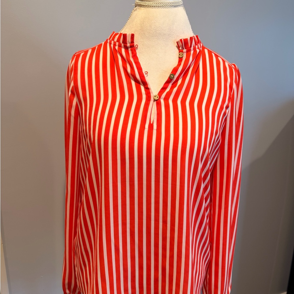 LOFT Red and White Striped Blouse